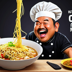 **

A brightly colored, humorous digital illustration depicting a chef character (perhaps wearing a *songkok*) dancing while preparing Maggi noodles in a ridiculous, over-the-top way. Include social media icons subtly in the background, and incorporate text overlays that suggest "rare" cooking methods and viral content. The overall feel should be energetic, playful, and reflective of Malaysian humor.

**