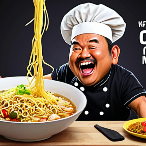 **

A brightly colored, humorous digital illustration depicting a chef character (perhaps wearing a *songkok*) dancing while preparing Maggi noodles in a ridiculous, over-the-top way. Include social media icons subtly in the background, and incorporate text overlays that suggest "rare" cooking methods and viral content. The overall feel should be energetic, playful, and reflective of Malaysian humor.

**