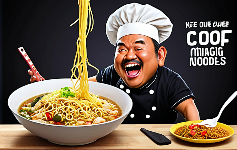 **

A brightly colored, humorous digital illustration depicting a chef character (perhaps wearing a *songkok*) dancing while preparing Maggi noodles in a ridiculous, over-the-top way. Include social media icons subtly in the background, and incorporate text overlays that suggest "rare" cooking methods and viral content. The overall feel should be energetic, playful, and reflective of Malaysian humor.

**