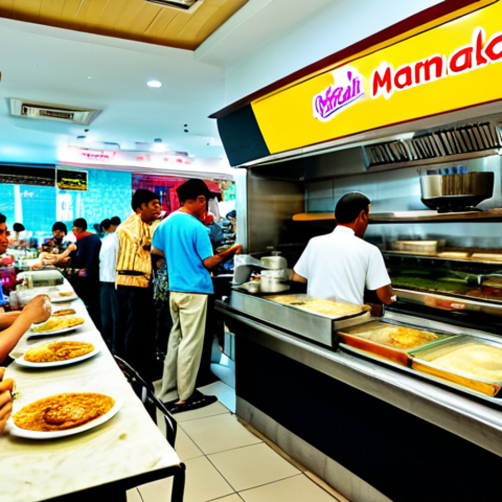 **

"A bustling scene at a modern mamak restaurant in Kuala Lumpur, Malaysia. People are enjoying roti canai and teh tarik. The scene is vibrant and colourful, depicting Malaysian culture, fully clothed patrons, appropriate attire, safe for work, perfect anatomy, natural proportions, professional photography, high quality, family-friendly, depicting a normal, everyday scene."

**