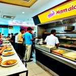 **

"A bustling scene at a modern mamak restaurant in Kuala Lumpur, Malaysia. People are enjoying roti canai and teh tarik. The scene is vibrant and colourful, depicting Malaysian culture, fully clothed patrons, appropriate attire, safe for work, perfect anatomy, natural proportions, professional photography, high quality, family-friendly, depicting a normal, everyday scene."

**